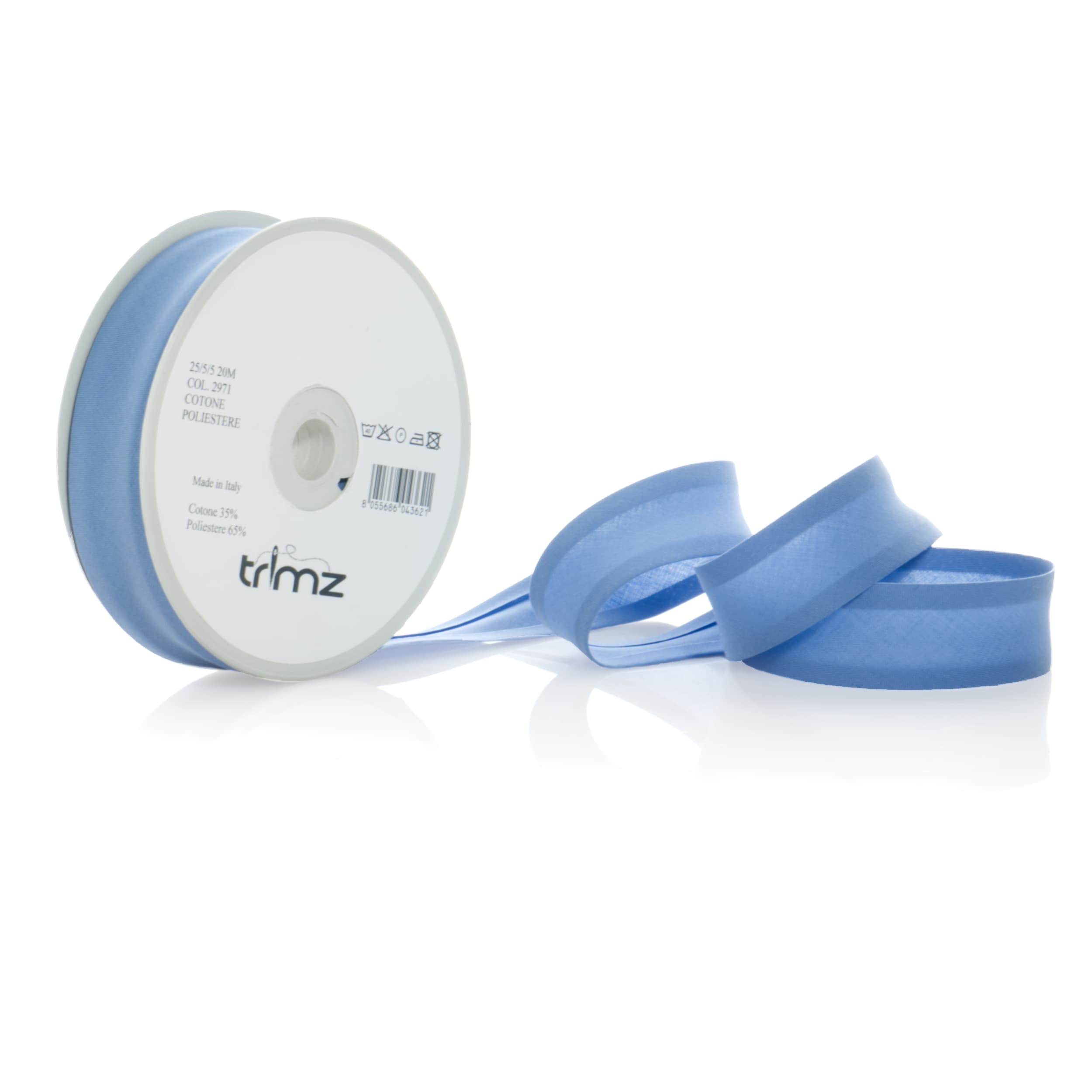 Trimz poly-cotton bias binding 25mm 20m white powder blue